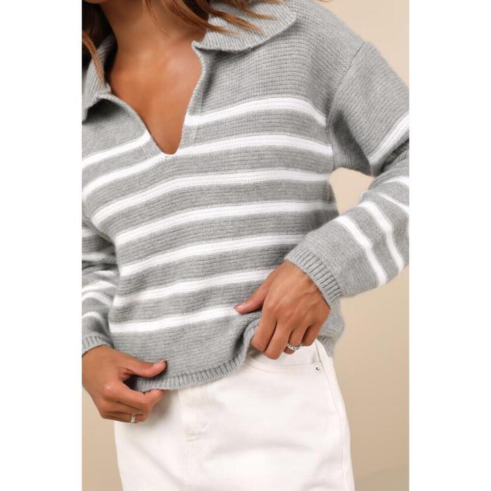 Lulus Timeless Energy Grey Striped Collared Pullover Sweater - Size M